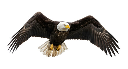 Obraz premium Flying Bald Eagle, Wings Spread. Iconic American Raptor, Wildlife Symbol of Strength & Freedom.