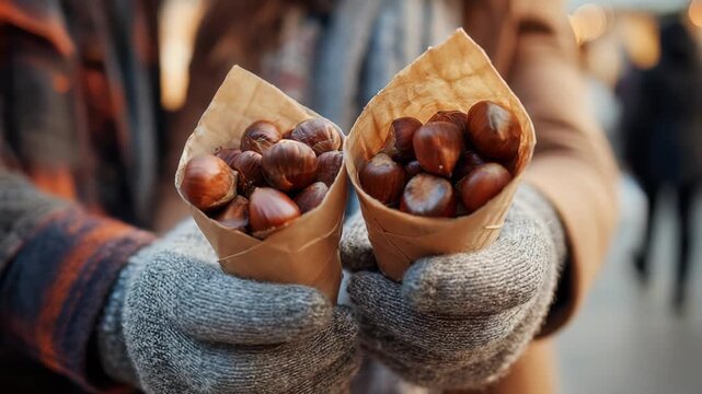 Close up of gloved hands offering roasted chestnuts in rustic paper cones, perfect for a winter snack. The image captures warmth, tradition, and festive street food vibes during cold weather