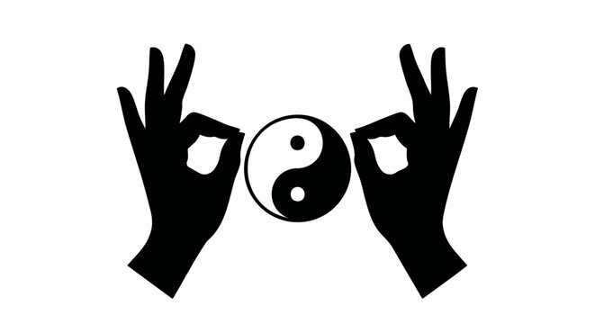 Yin Yang symbol with hands in a mudra gesture. Minimalist black and white silhouette icon. Spirituality and balance concept vector illustration