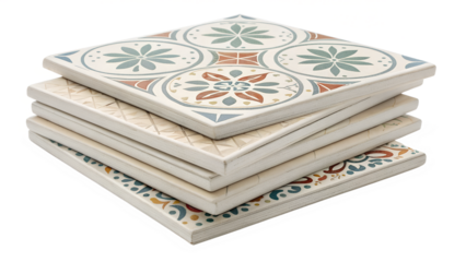 Stack of decorative ceramic tiles with intricate patterns, isolated on transparent background