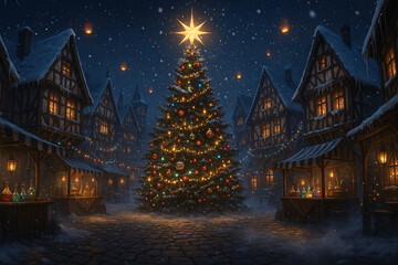 Cozy Christmas Village Marketplace: Fantasy Half-Timbered Cottages, Decorated Tree & Lantern-Lit Medieval Market - Holiday Illustration