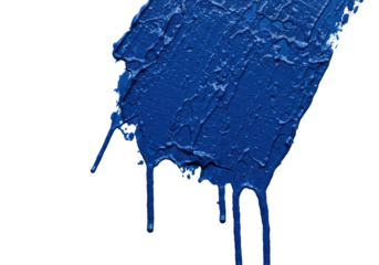 Massive abstract impasto brush stroke in deep ultramarine blue with heavy texture, vertical drips, and splatters, against a transparent background, concept of artistic chaos and dynamic texture