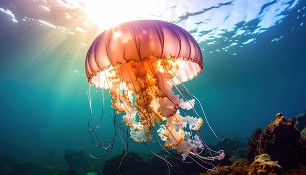 Large jellyfish swims in clear turquoise water lit by sun rays