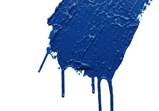 Massive abstract impasto brush stroke in deep ultramarine blue with heavy texture, vertical drips, and splatters, against a transparent background, concept of artistic chaos and dynamic texture