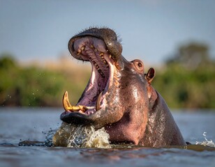 Large hippopotamus with open mouth splashing in water