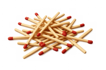Matchsticks pile with red heads scattered on transparent background, symbolizing ignition, fire, and heat