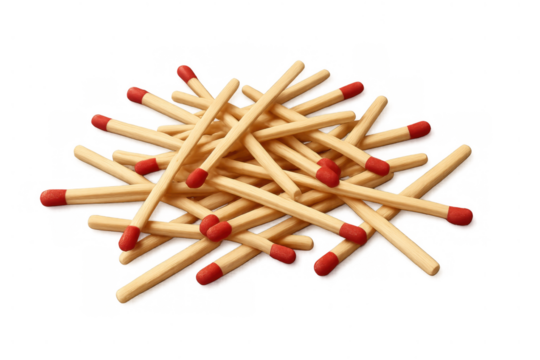 Matchsticks pile with red heads scattered on transparent background, symbolizing ignition, fire, and heat
