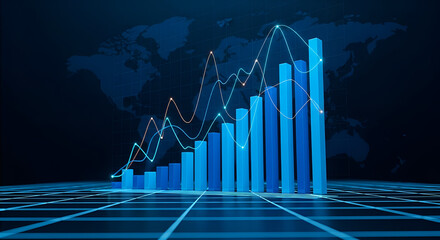 3D Bar Graph and Line Chart Showing Upward Trend on Dark Background