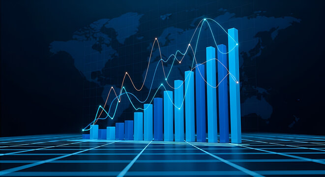 3D Bar Graph and Line Chart Showing Upward Trend on Dark Background
