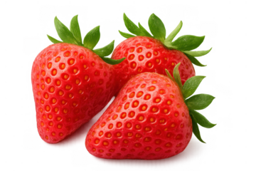 Fresh group of three red strawberries with green leaves, ripe organic summer berry fruit, transparent background