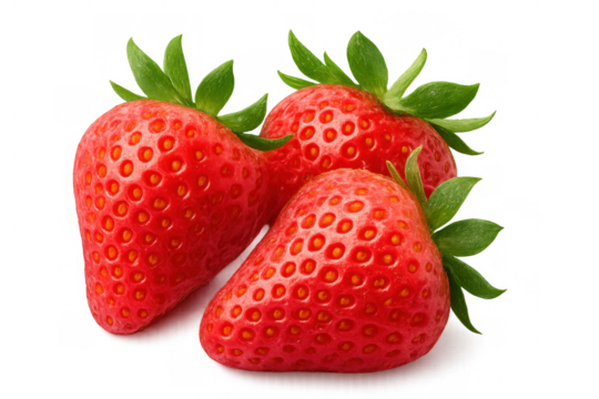 Fresh group of three red strawberries with green leaves, ripe organic summer berry fruit, transparent background
