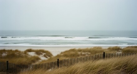 Serene coastal landscape on a foggy day. Sand dunes with dry grass and a wooden fence. Atmospheric ocean view for wellness and environmental concepts. Minimalist natural scenery