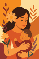 women with her newborn child botanical theme illustration