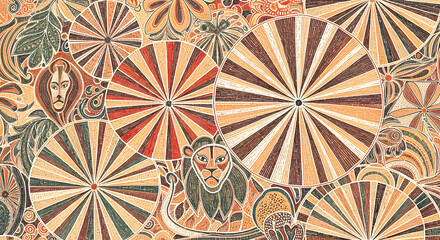 Colorful kaleidoscopic pattern with sunburst designs, lion and floral elements in art
