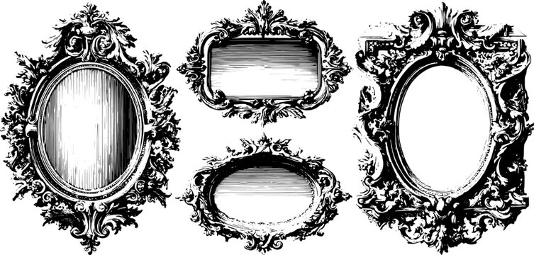 Decorative vintage frames in an ornate design. Highly detailed vector illustration set in black and white, featuring various elegant shapes.