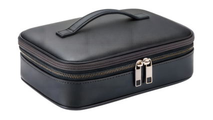 Black textured cosmetic bag with zipper and handle, isolated on transparent background