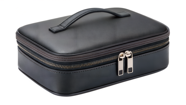 Black textured cosmetic bag with zipper and handle, isolated on transparent background