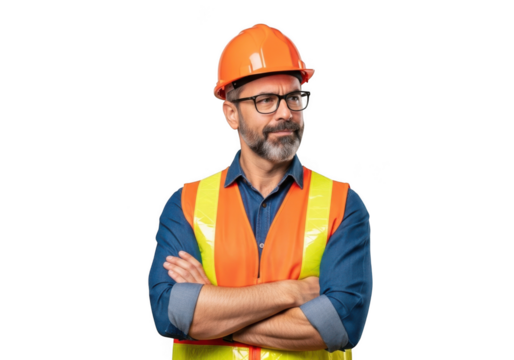 Mature bearded man wearing orange hard hat and reflective safety vest with arms crossed isolated on transparent background