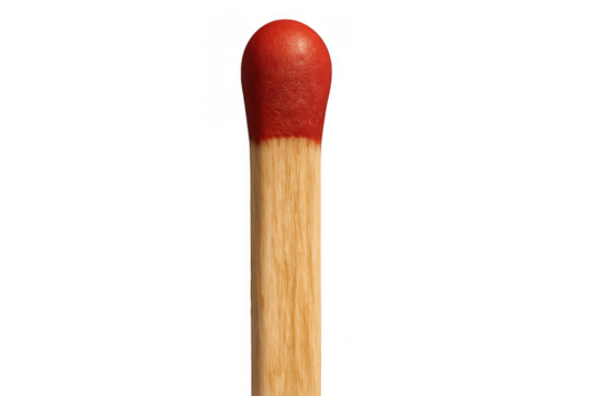 Unlit matchstick with a red head, representing potential, new ideas, ignition, and starting something fresh, transparent background