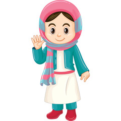 Cartoon Illustration of a Young Girl Wearing a Pink Headscarf and Teal Jacket Waving Hello
