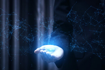 Metaverse Technology concepts. Woman hand holding global network connection. Internet communication, Wireless connection technology. Futuristic technology with polygonal shapes.