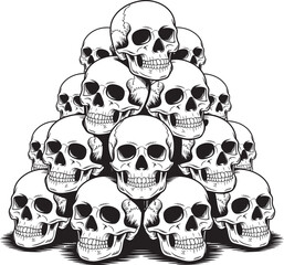 Pyramid of Human Skulls Black and White Illustration