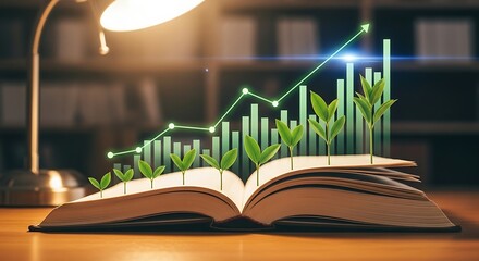 Open book with plants growing and a rising graph showing growth and lamp in the background on a table
