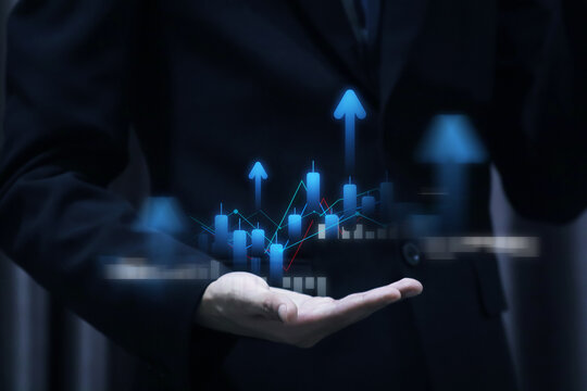 Stock market chart showing business growth, rising trends, financial performance, investment progress, profit increase, and market success indicators.Investment finance chart growth.