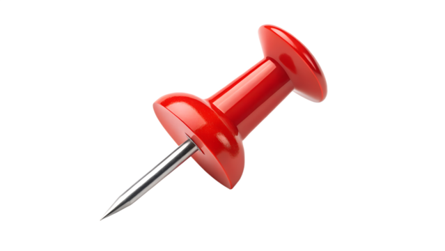 A single red push pin with a sharp metal needle, isolated on transparent background