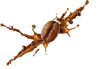 oversized, glossy, roasted coffee bean exploding radially with arabica beans, espresso liquid streaks, and fine grounds, all suspended mid-air against a transparent background. concept for coffee
