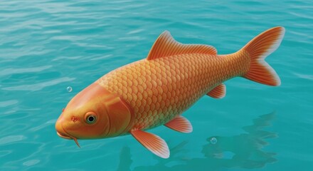 Naklejka premium Orange koi fish swims in clear, wavy, turquoise water with small bubbles