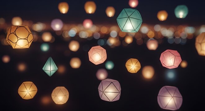 Abstract Floating Lanterns Glowing at Night with Bokeh Effect Creates a Dreamy and Serene Ambiance Perfect for Backgrounds and Holiday Celebrations with Warm and Cool Lights - Powered by Adobe