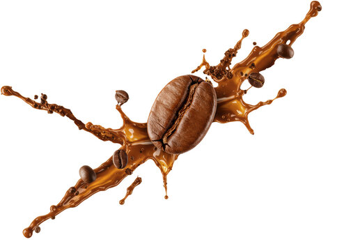 oversized, glossy, roasted coffee bean exploding radially with arabica beans, espresso liquid streaks, and fine grounds, all suspended mid-air against a transparent background. concept for coffee