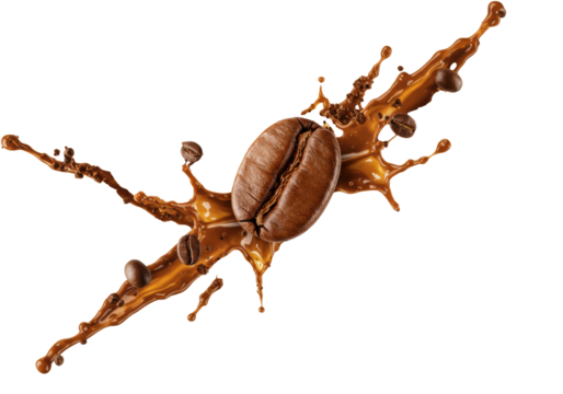 oversized, glossy, roasted coffee bean exploding radially with arabica beans, espresso liquid streaks, and fine grounds, all suspended mid-air against a transparent background. concept for coffee