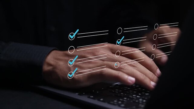 Checklist concept. Businessman marks checkboxes on survey form. check marks on a checklist, fill out online form, and answer questions.