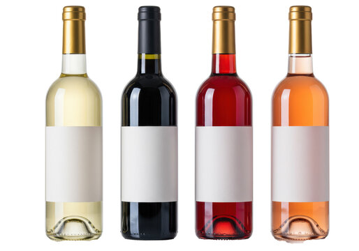 four premium wine bottles (red, white, ros&eacute;) with blank white labels and matte black/golden foil capsules, symmetric on a high-key transparent background. concept for luxury product branding mockup