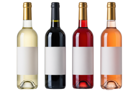 four premium wine bottles (red, white, rosé) with blank white labels and matte black/golden foil capsules, symmetric on a high-key transparent background. concept for luxury product branding mockup