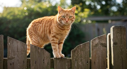 Ginger Tabby Cat Standing on Wooden Fence