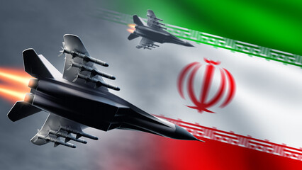 Obraz premium Fighter aircraft from Iran. Flag of people republic of Iran. Military aircraft with missiles. Iranian air force. UAVs for border protection. Fighter aircraft from Iran, bottom view. 3d image