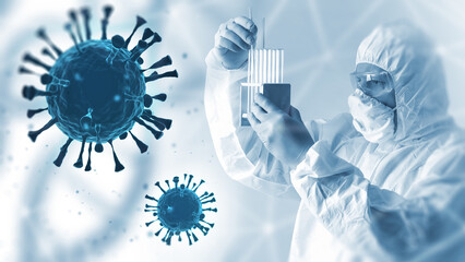 Scientist studies virology. Coronavirus molecules near researcher. Test tubes in hands of virologist. Science of virology. Medic in protective suit examines virus strain in flasks.