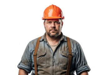 Rugged construction worker with beard wearing orange hard hat and dirty work clothes isolated on transparent background