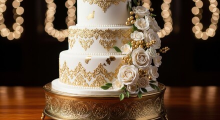 Ornate three-tiered white cake with gold filigree and cascading roses. Bokeh background