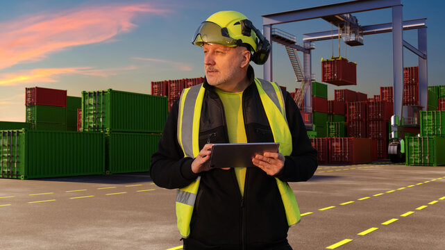 Man near shipping containers. Customs worker holds e-tablet. Shipping containers and gantry behind specialist. Man customs officer in yellow vest and helmet. Street warehouse with shipping containers - Powered by Adobe