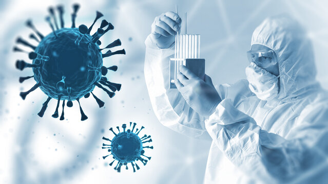 Scientist studies virology. Coronavirus molecules near researcher. Test tubes in hands of virologist. Science of virology. Medic in protective suit examines virus strain in flasks.