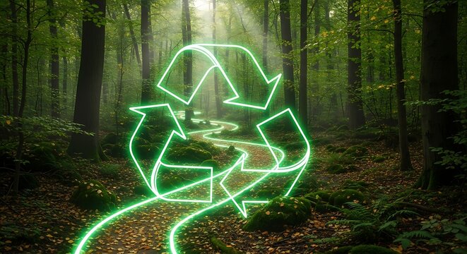 Glowing recycle symbol overlayed on a forest path with trees and green foliage visible around it