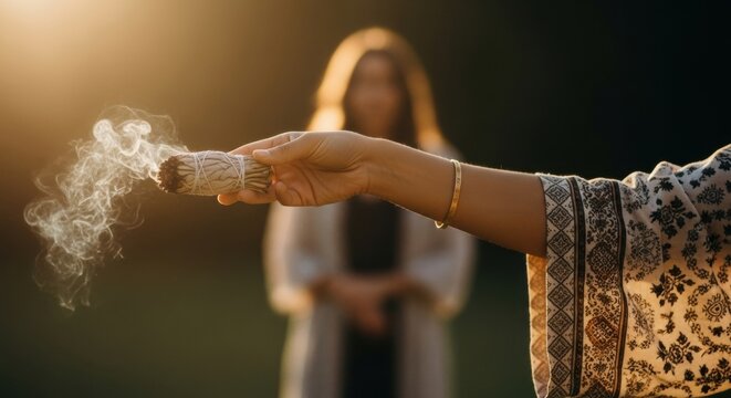 Spiritual cleansing ceremony with a burning sage smudge stick. Woman performing a purification ritual for energy healing. Esoteric practice for holistic wellness and mindfulness