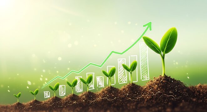 Seedlings growing in soil with an upward trending graph representing growth and financial success