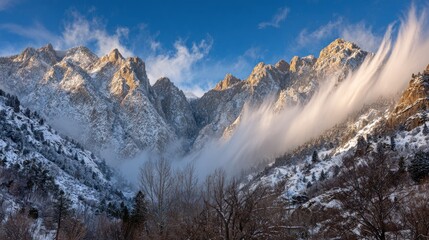 Snowy mountain peaks shrouded in swirling mist