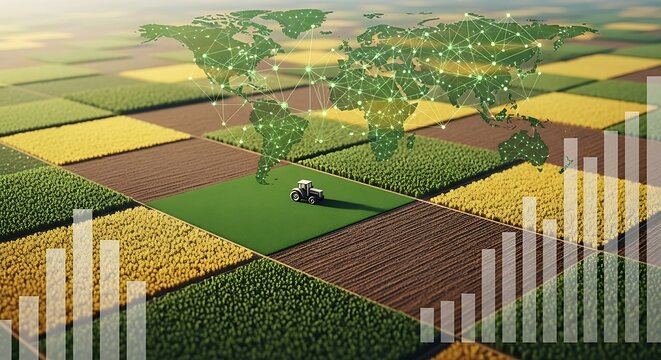 Aerial view of farmland with tractor, world map overlay and bar graph visualization on the edges - Powered by Adobe