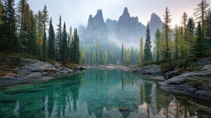 Misty mountain lake nestled in a coniferous forest
